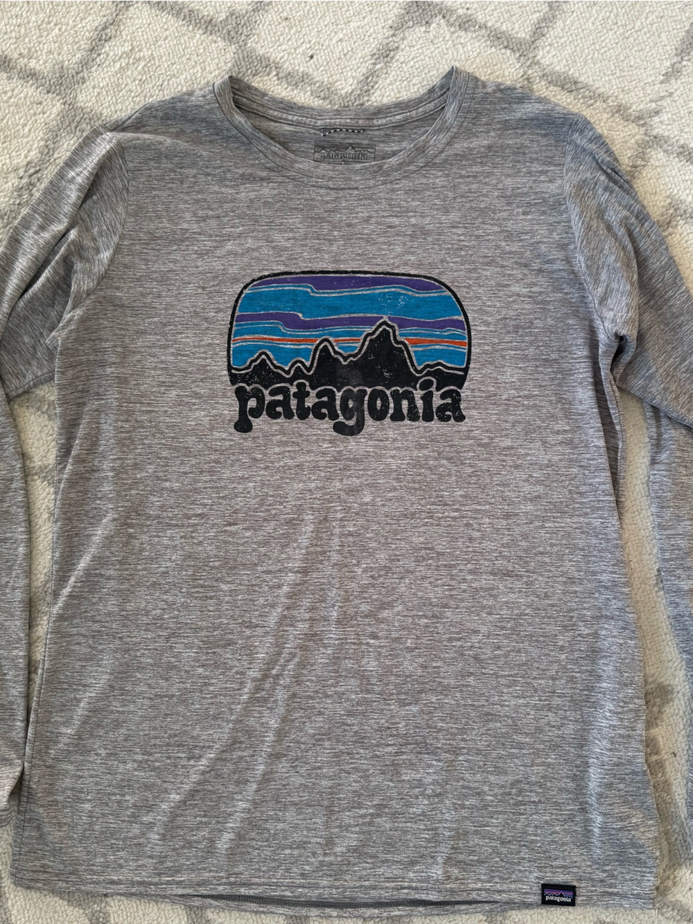 Patagonia Gray Long Sleeve Tee with Blue & Purple Logo